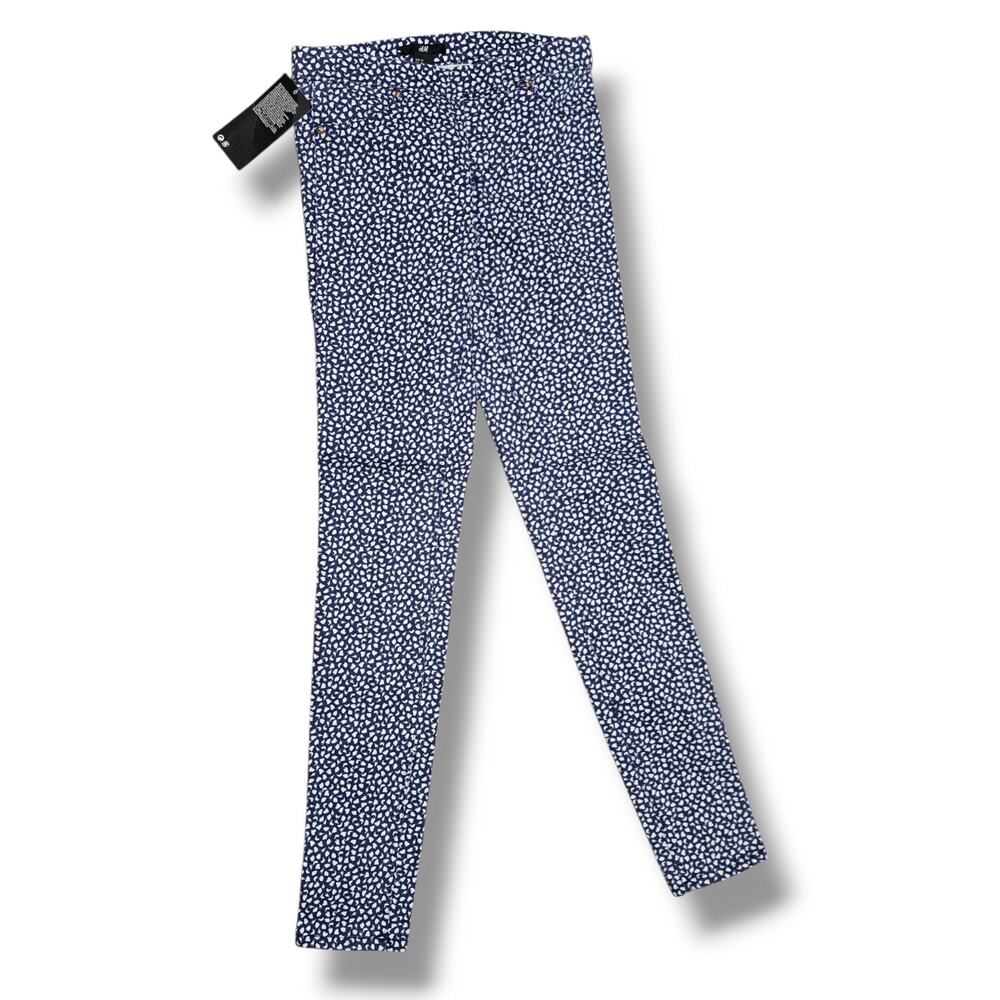 NWT H&M women's Blue White Micro Polka Dot Super Stretch Treggings Pants Size 2